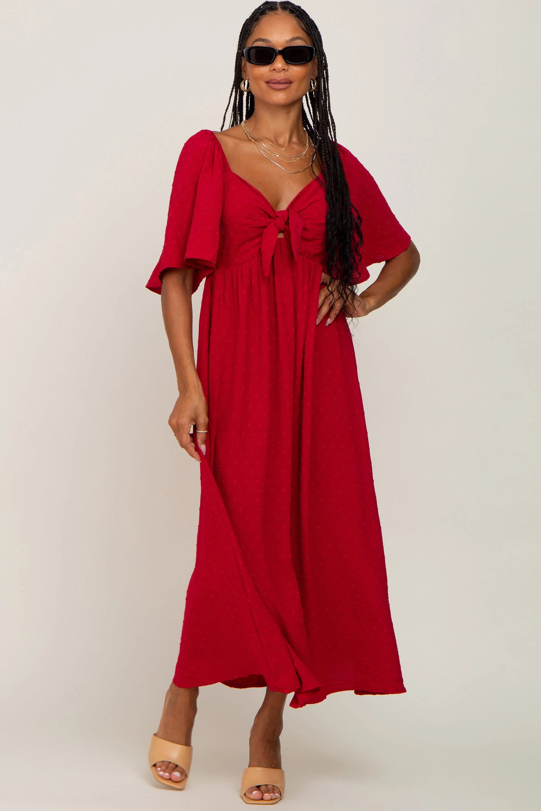 PinkBlush Burgundy Textured Dot Front Tie Ruffle Sleeve Midi Dress - 