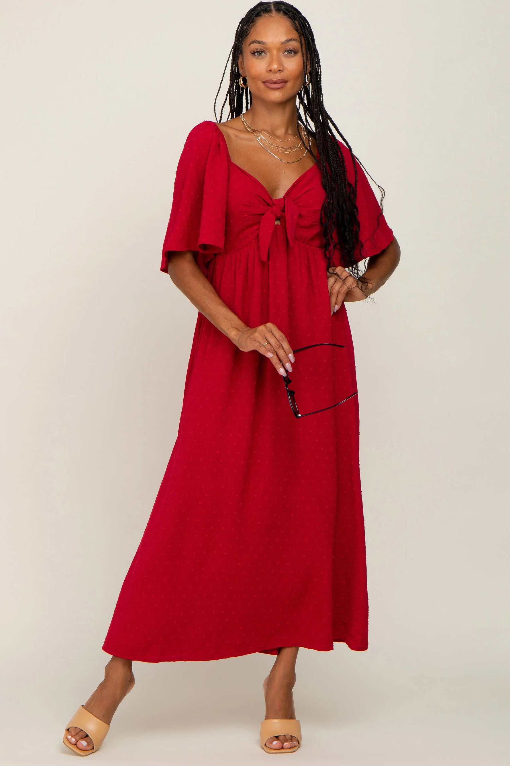 PinkBlush Burgundy Textured Dot Front Tie Ruffle Sleeve Midi Dress - 