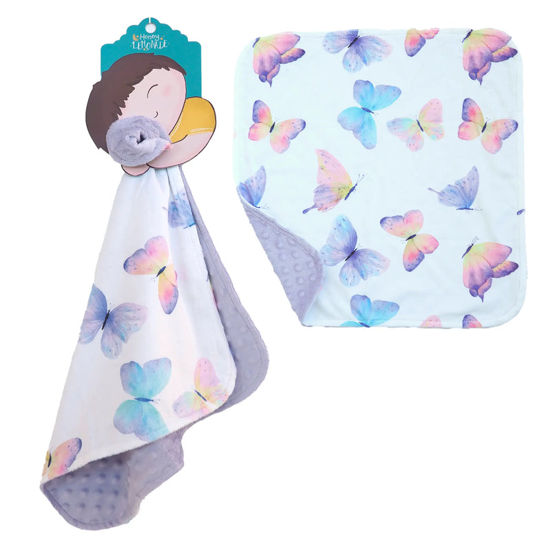 Mini Minky Butterfly toddler blanket with colorful butterfly print and Minky dot texture.