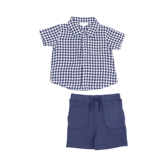 Button Down Muslin Polo and French Terry Short Set Navy Gingham Angel Dear