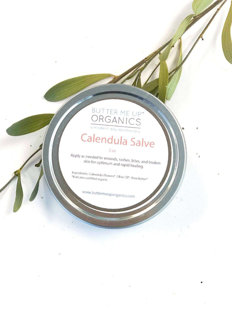 Calendula Flower Balm tin with organic ingredients for skin healing.