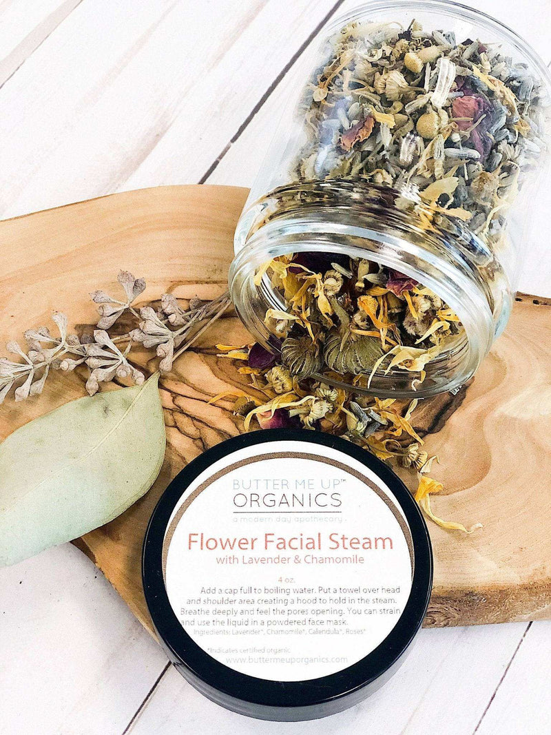 Calming Healing Facial Steam herbs in a glass jar on a wooden surface.