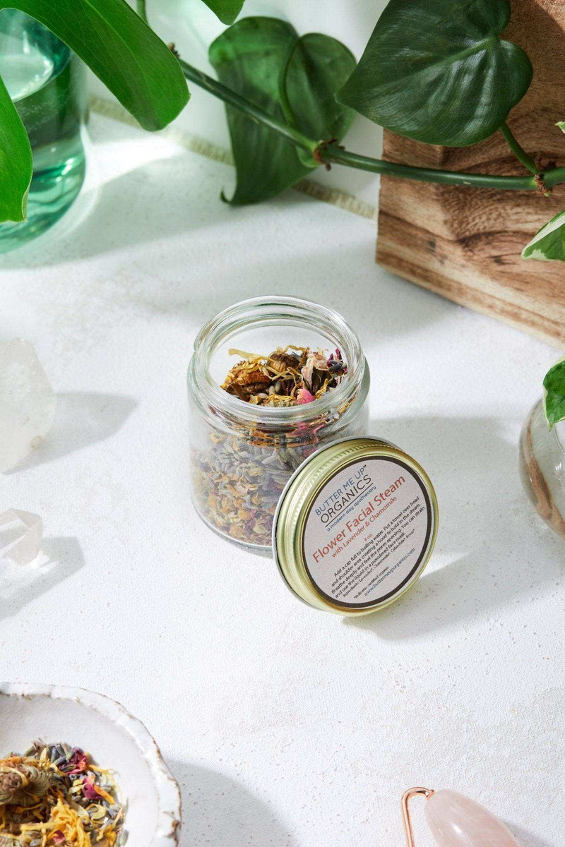 Calming Healing Facial Steam in a jar with natural ingredients and eco-friendly packaging displayed on a clean surface.