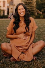 PinkBlush Camel Button Down Maternity Midi DressEveretts Place