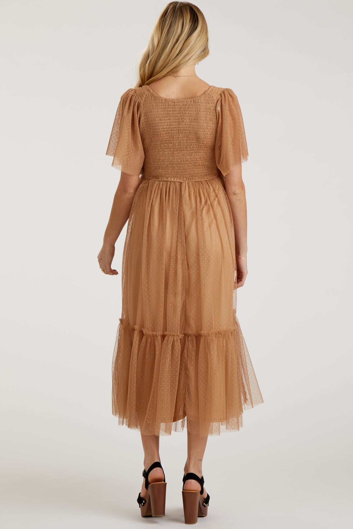 PinkBlush Camel Dotted Tulle Smocked Maternity Midi DressEveretts Place