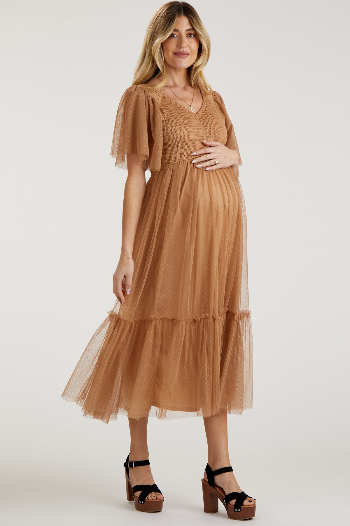 PinkBlush Camel Dotted Tulle Smocked Maternity Midi DressEveretts Place