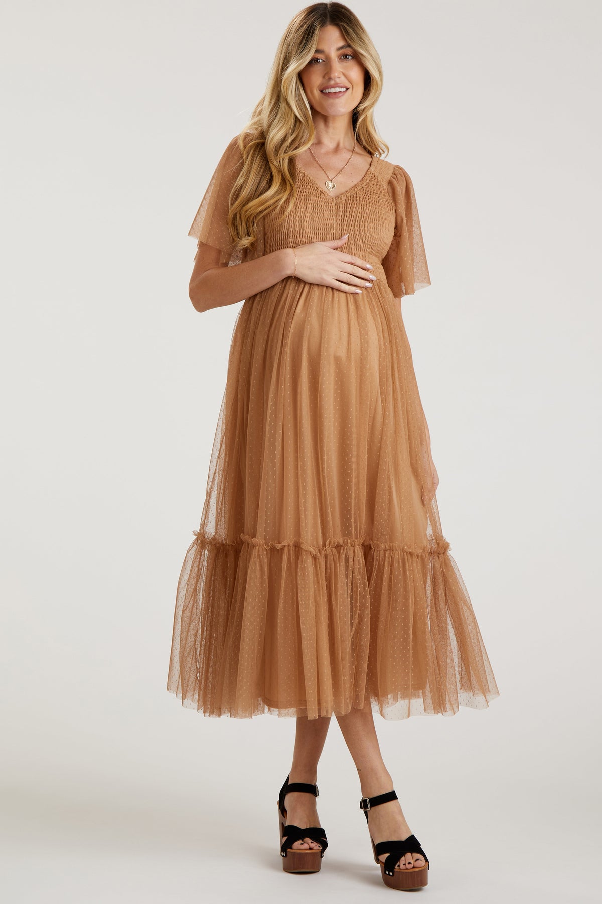 PinkBlush Camel Dotted Tulle Smocked Maternity Midi DressEveretts Place