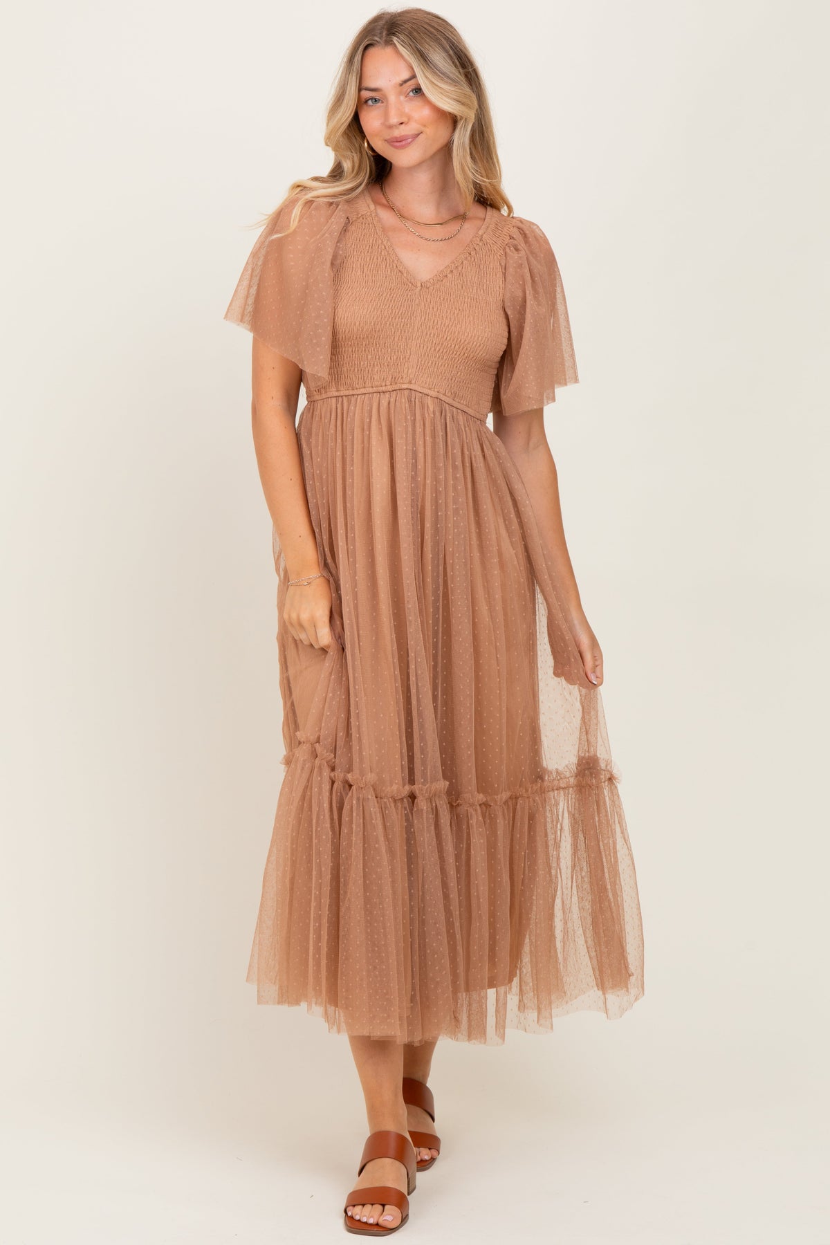PinkBlush Camel Dotted Tulle Smocked Maternity Midi DressEveretts Place