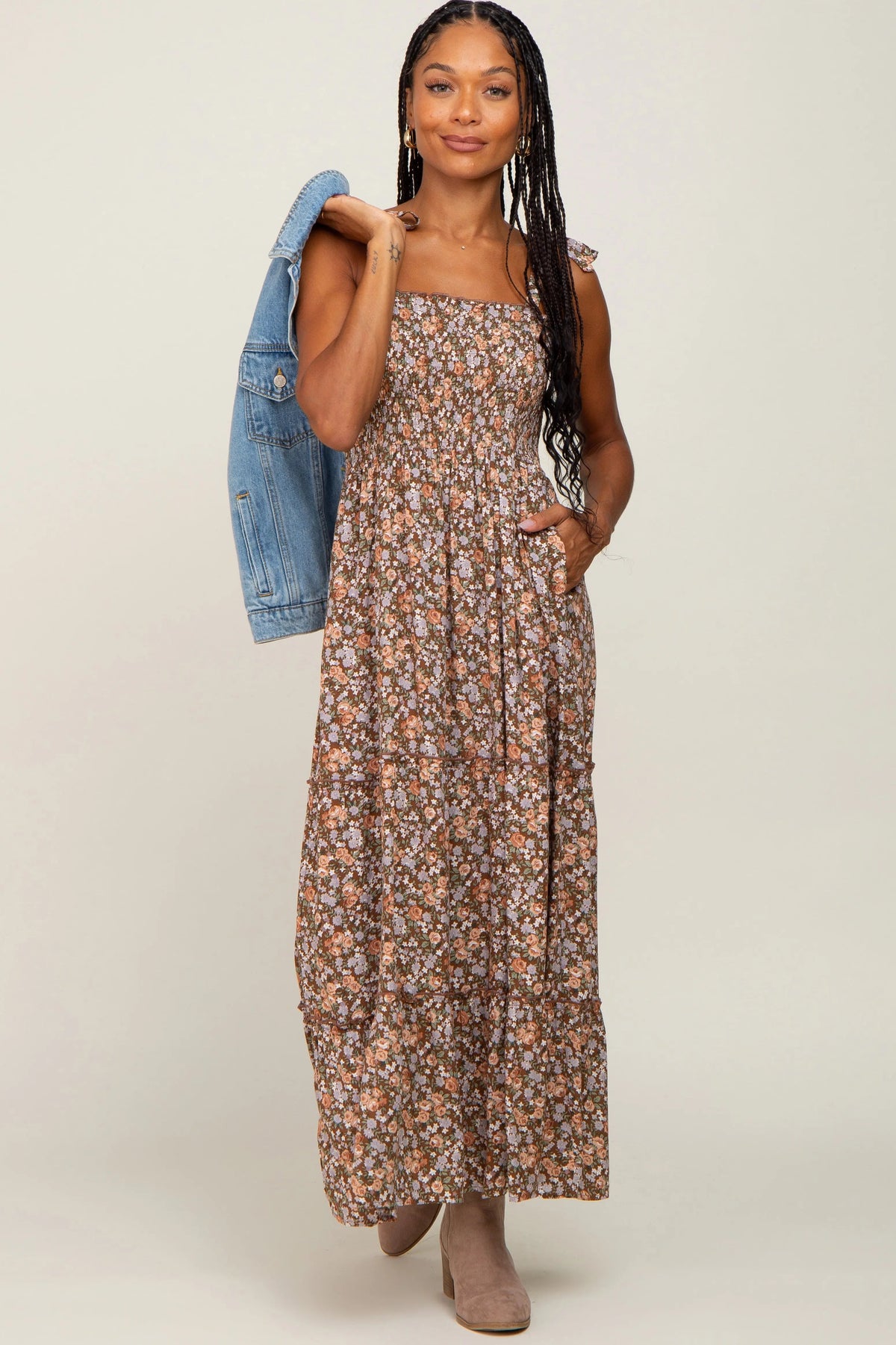 PinkBlush Camel Floral Sleeveless Tiered Maxi Dress - 
