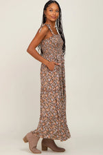 PinkBlush Camel Floral Sleeveless Tiered Maxi Dress - 