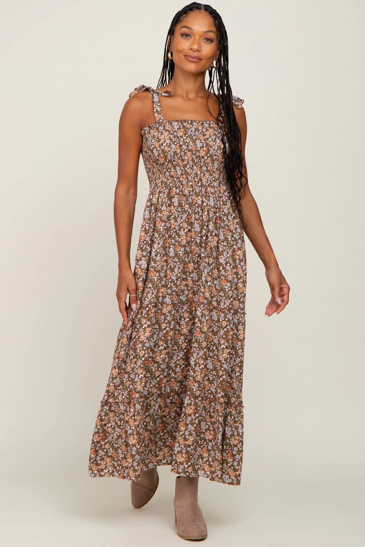 PinkBlush Camel Floral Sleeveless Tiered Maxi Dress - 