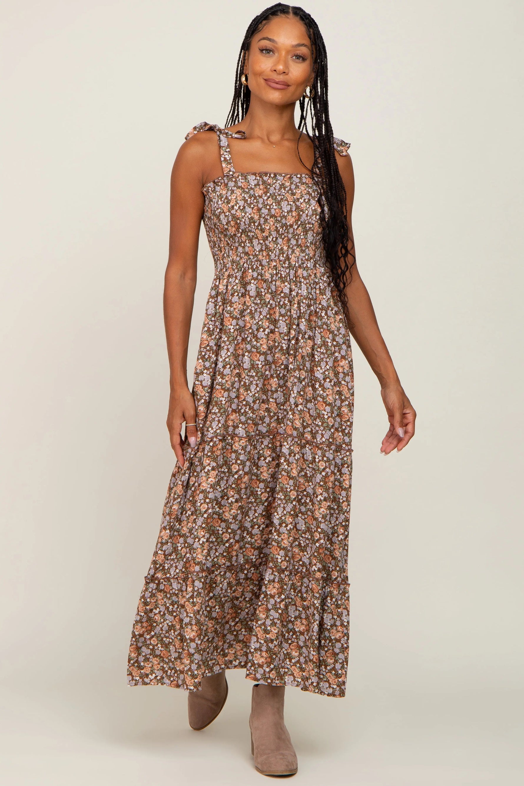 PinkBlush Camel Floral Sleeveless Tiered Maxi Dress - 