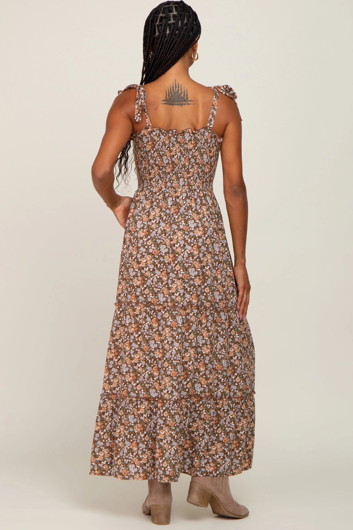 PinkBlush Camel Floral Sleeveless Tiered Maxi Dress - 