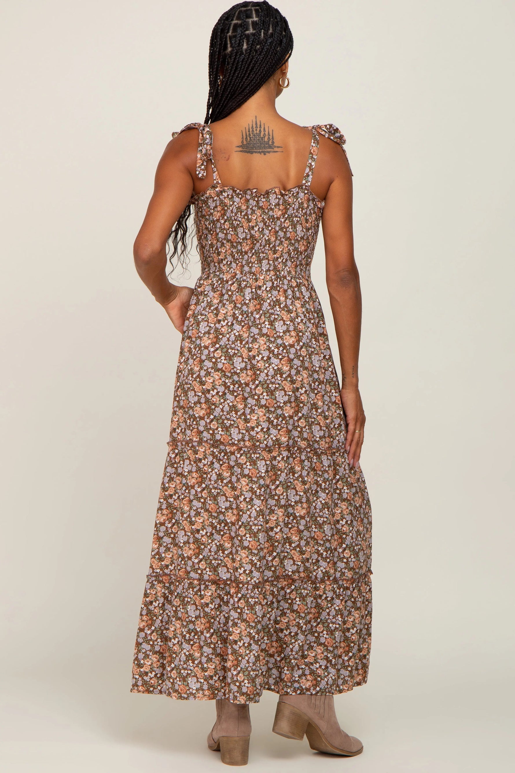 PinkBlush Camel Floral Sleeveless Tiered Maxi Dress - 