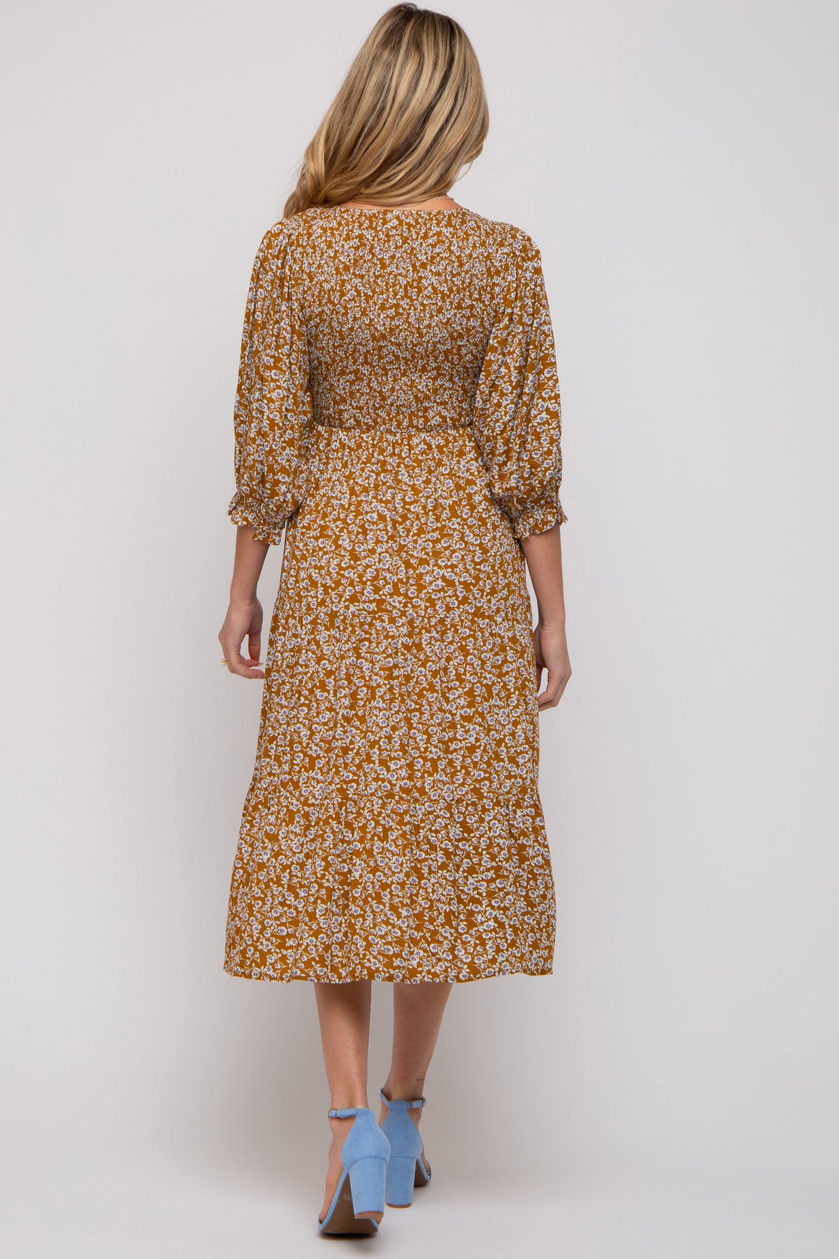 PinkBlush Camel Floral Smocked 3/4 Sleeve Maternity Midi DressEveretts Place