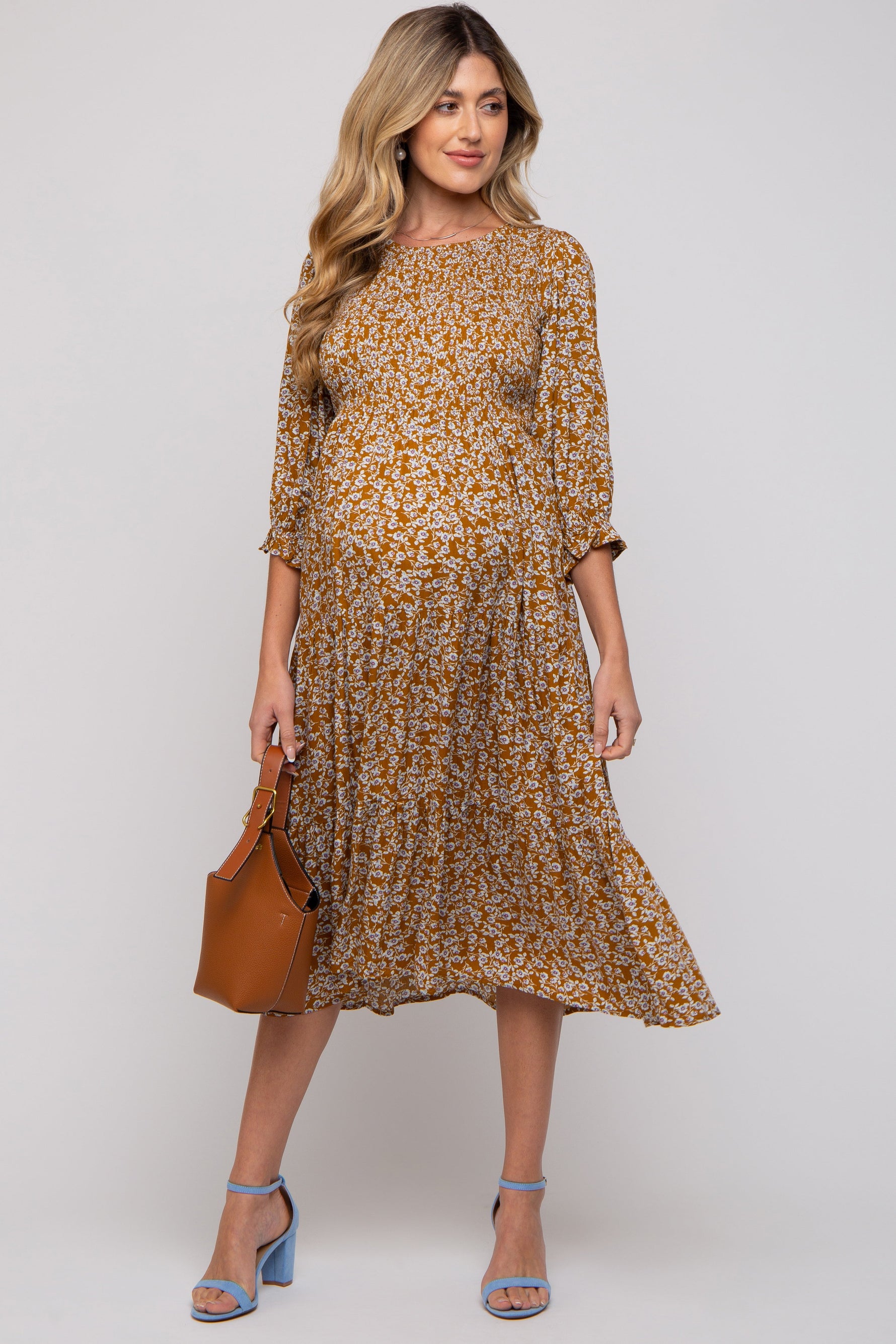 PinkBlush Camel Floral Smocked 3/4 Sleeve Maternity Midi DressEveretts Place