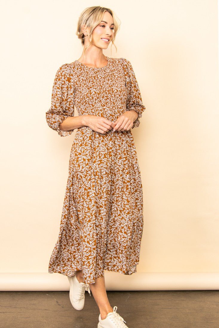 PinkBlush Camel Floral Smocked 3/4 Sleeve Maternity Midi DressEveretts Place
