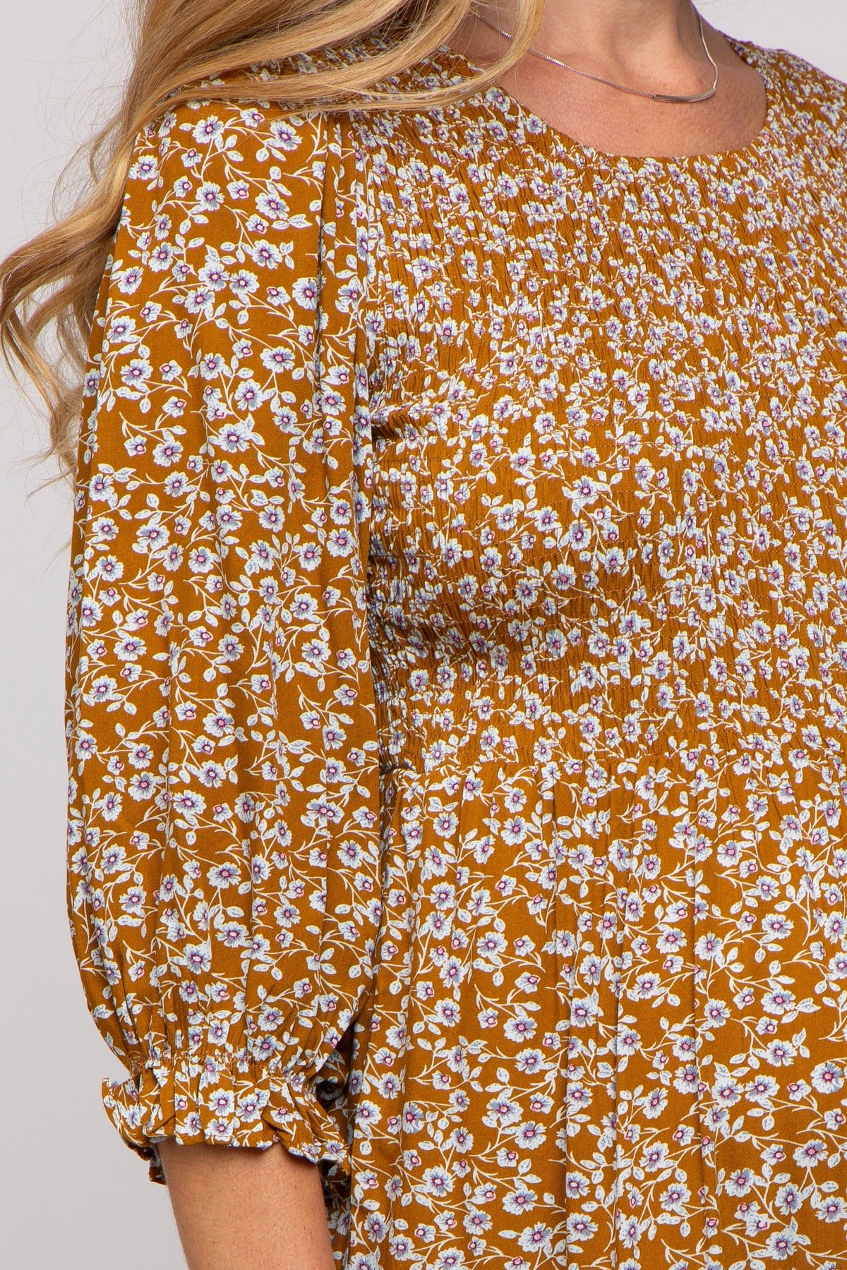 PinkBlush Camel Floral Smocked 3/4 Sleeve Maternity Midi DressEveretts Place