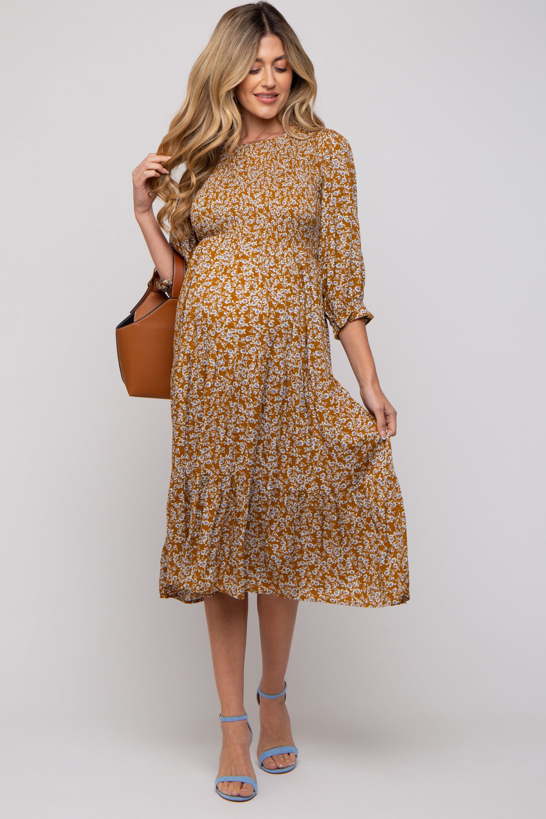 PinkBlush Camel Floral Smocked 3/4 Sleeve Maternity Midi DressEveretts Place