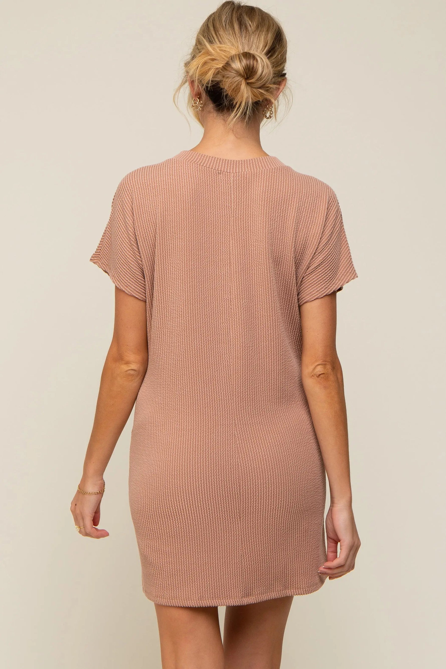PinkBlush Camel Ribbed Front Pocket Dolman Short Sleeve Maternity Dress - 