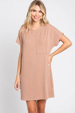 PinkBlush Camel Ribbed Front Pocket Dolman Short Sleeve Maternity Dress - 