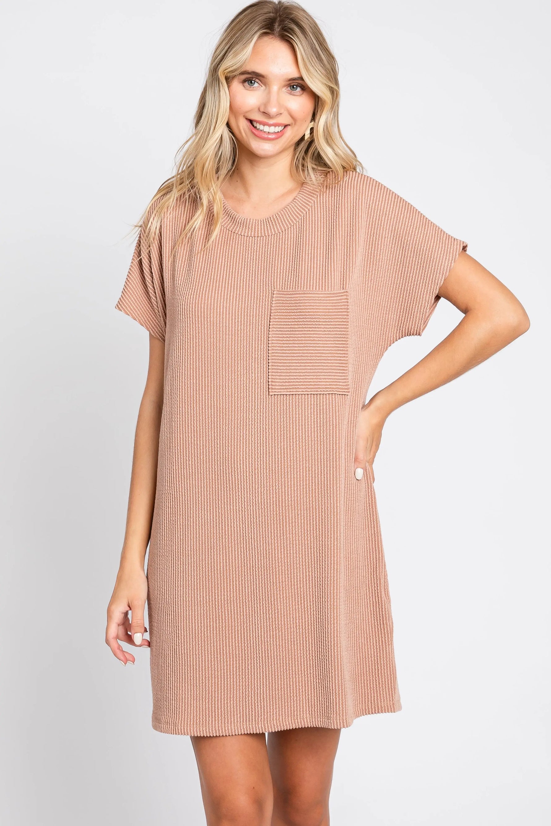 PinkBlush Camel Ribbed Front Pocket Dolman Short Sleeve Maternity Dress - 