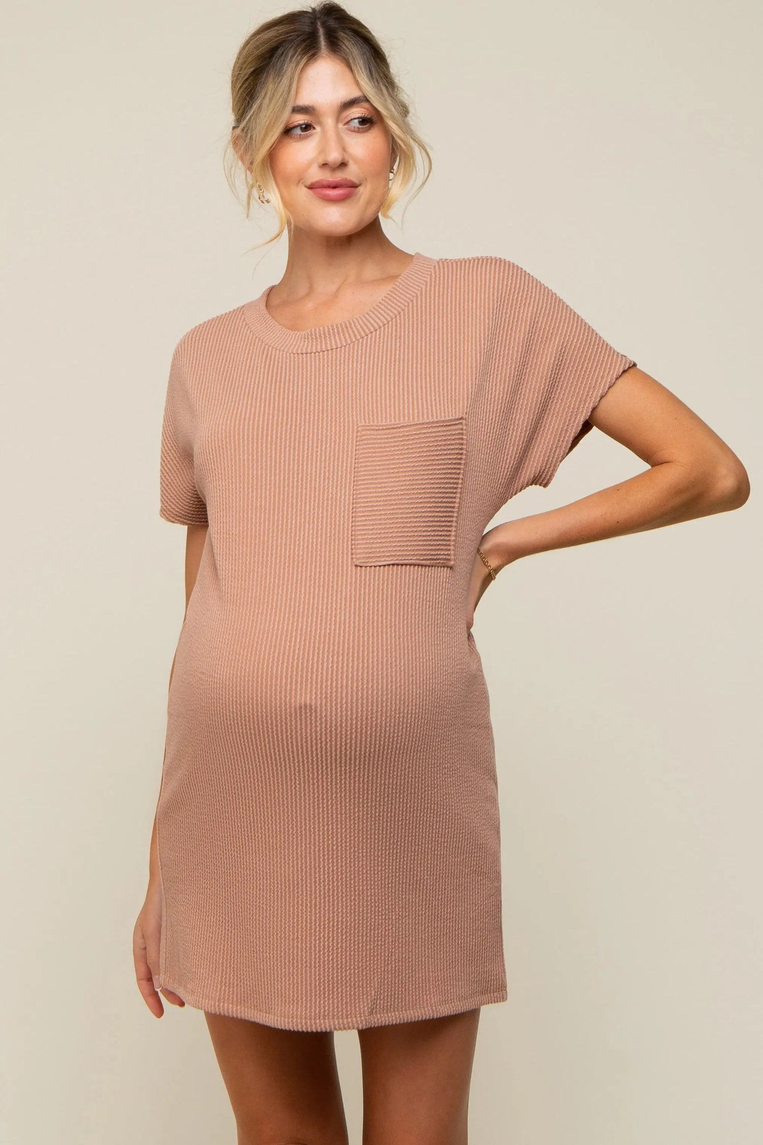 Camel Ribbed Front Pocket Dolman Short Sleeve Maternity Dress - One-piece garment, Person, Dress | Everetts Place