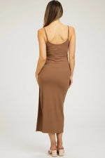 PinkBlush Camel Ribbed Sleeveless Maternity Dress with Side Slit for Expecting Mothers - 