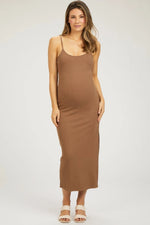 PinkBlush Camel Ribbed Sleeveless Maternity Dress with Side Slit for Expecting Mothers - 
