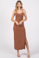 PinkBlush Camel Ribbed Sleeveless Maternity Dress with Side Slit for Expecting Mothers - 