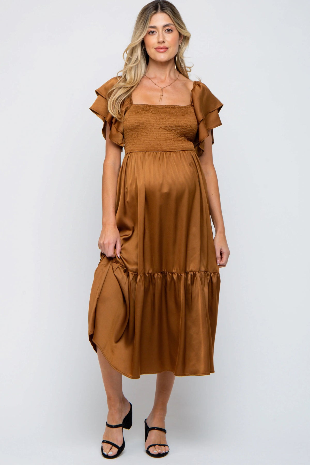 PinkBlush Camel Satin Flutter Sleeve Maternity Midi Dress - 