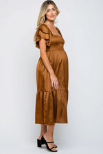 PinkBlush Camel Satin Flutter Sleeve Maternity Midi Dress - 