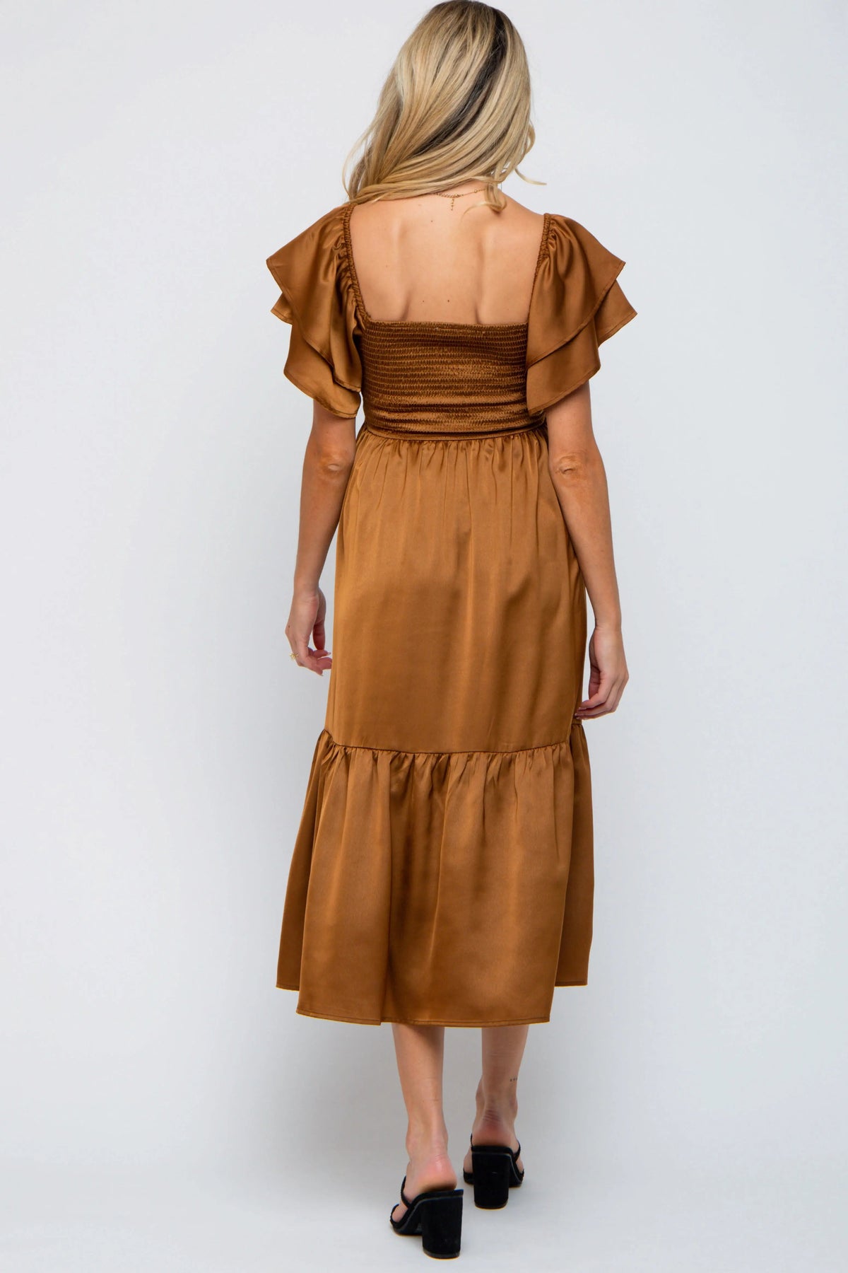 PinkBlush Camel Satin Flutter Sleeve Maternity Midi Dress - 
