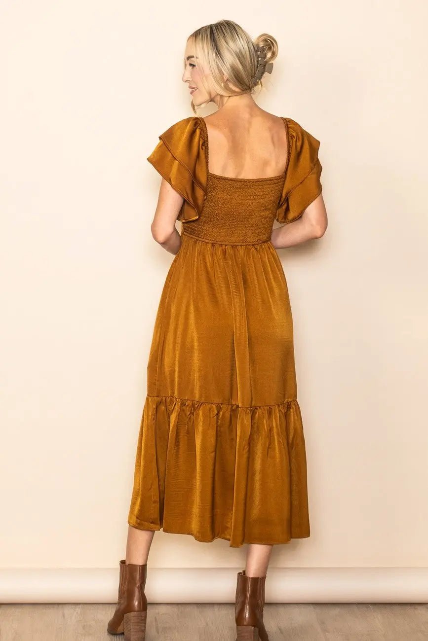PinkBlush Camel Satin Flutter Sleeve Midi Dress - 