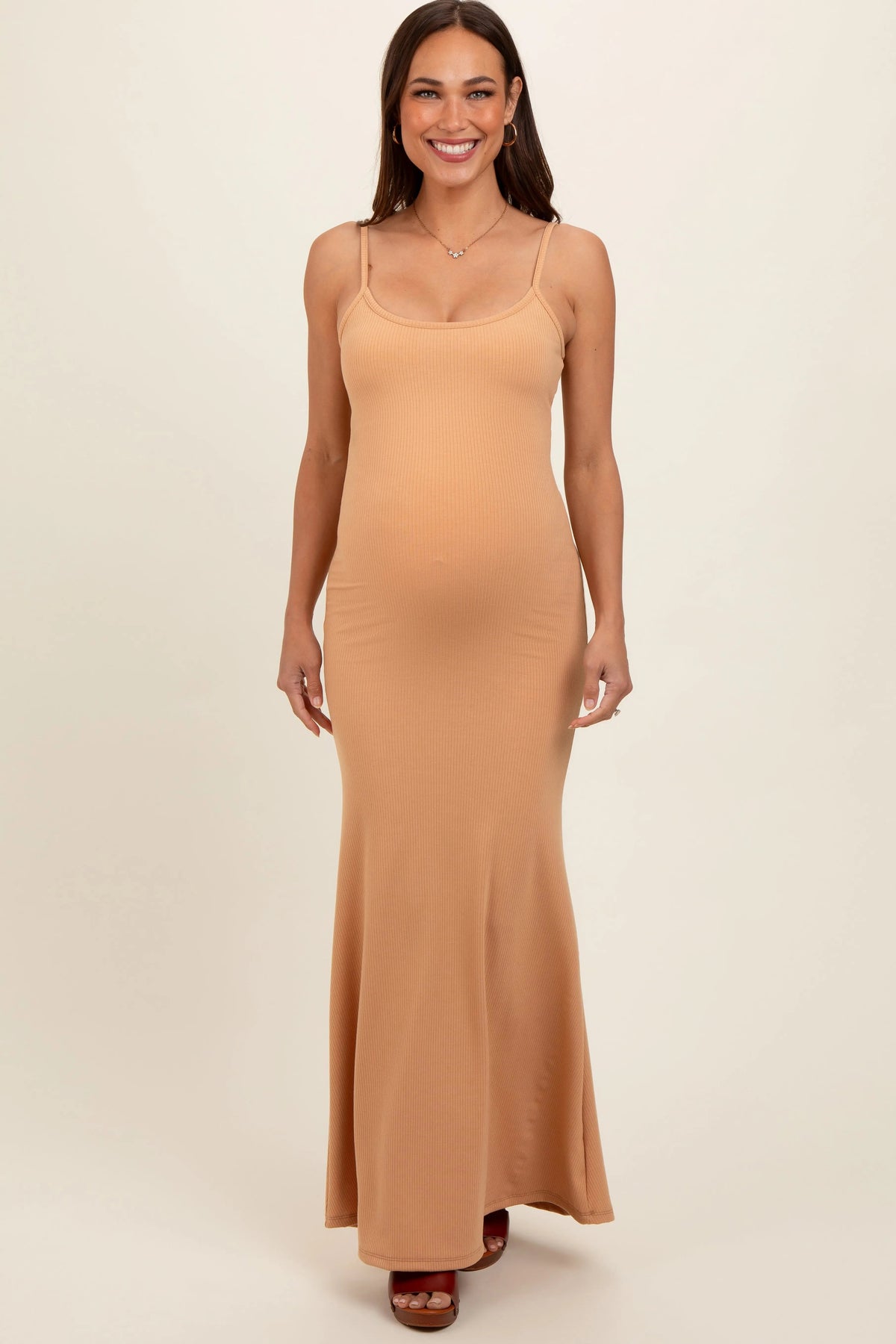 Camel Sleeveless Ribbed Maternity Maxi Dress - One-piece garment, Gown, Day Dress, Waist, Cocktail dress | Everetts Place