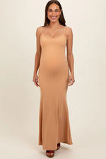 Camel Sleeveless Ribbed Maternity Maxi Dress - One-piece garment, Gown, Day Dress, Waist, Cocktail dress | Everetts Place