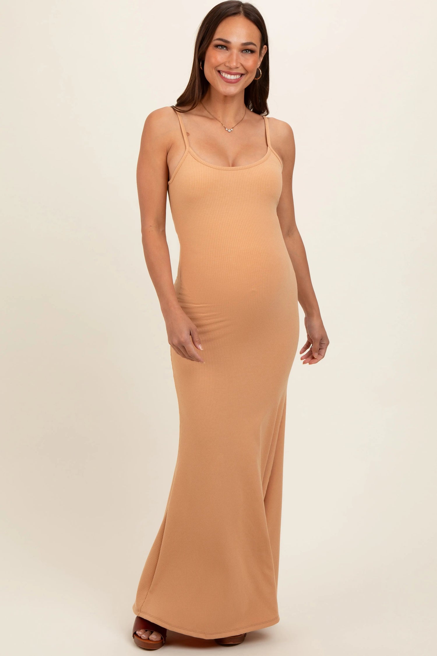 PinkBlush Camel Sleeveless Ribbed Maternity Maxi Dress - 
