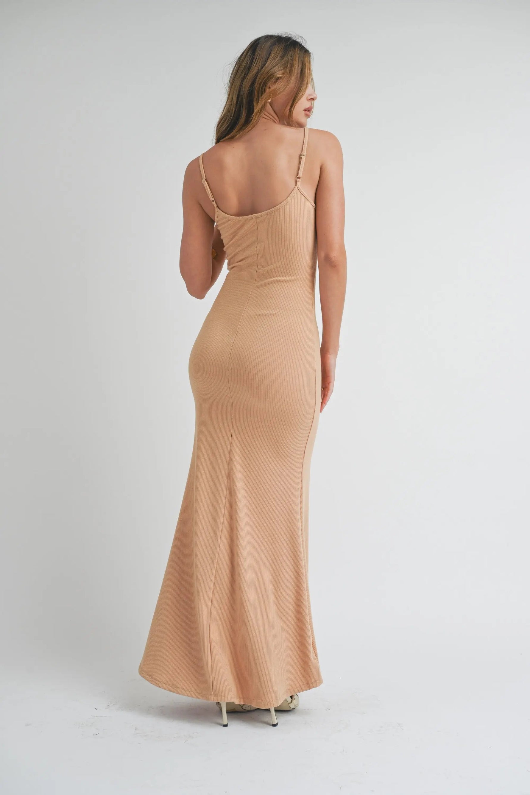 PinkBlush Camel Sleeveless Ribbed Maxi Dress - 