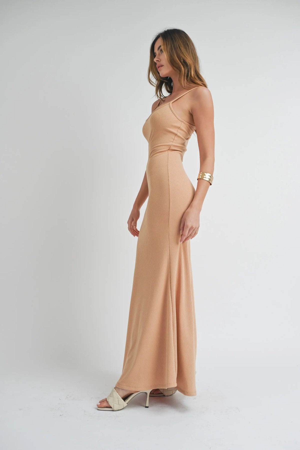 PinkBlush Camel Sleeveless Ribbed Maxi Dress - 