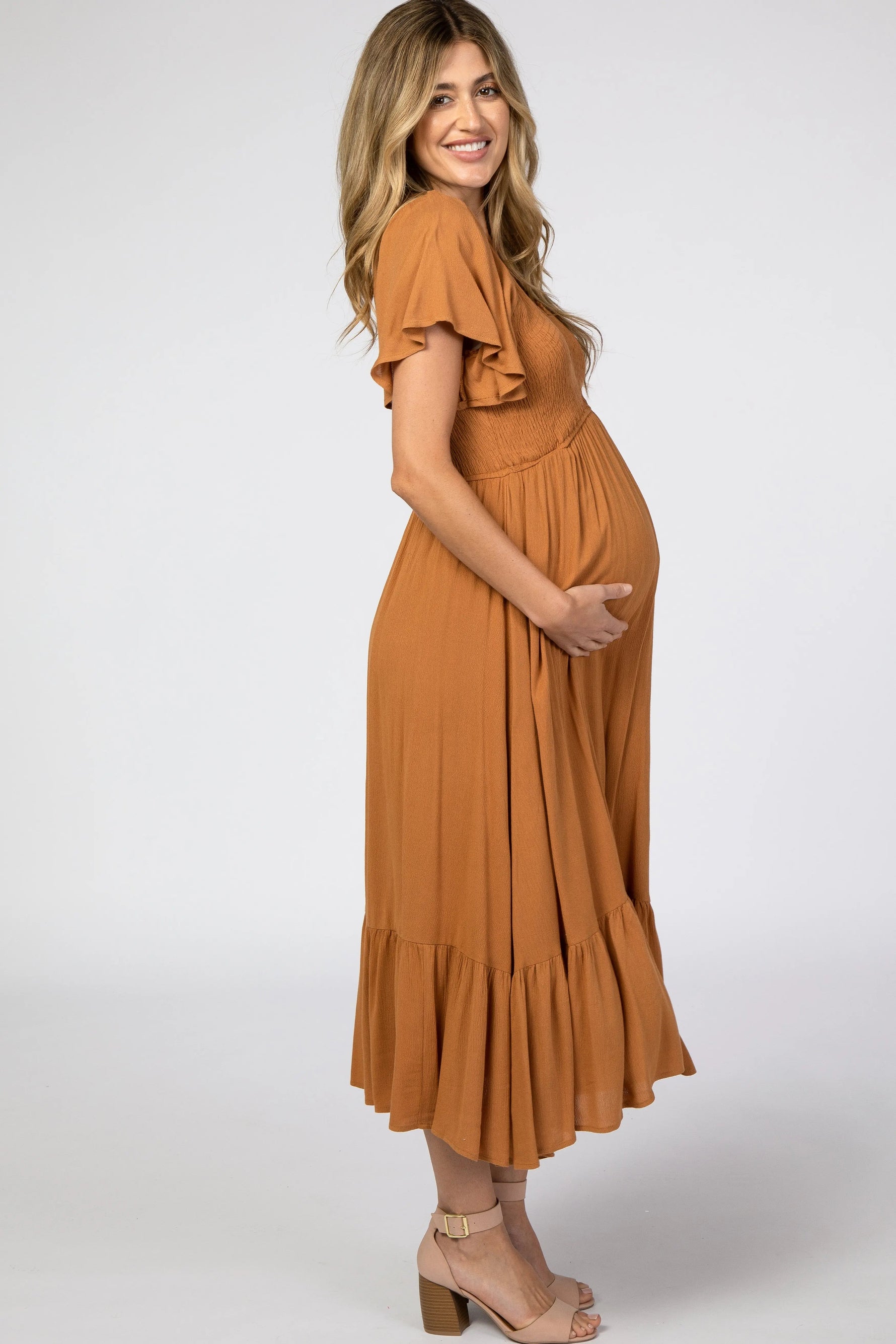 PinkBlush Camel Smocked V - Neck Maternity Midi Dress - 