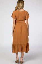 PinkBlush Camel Smocked V - Neck Maternity Midi Dress - 