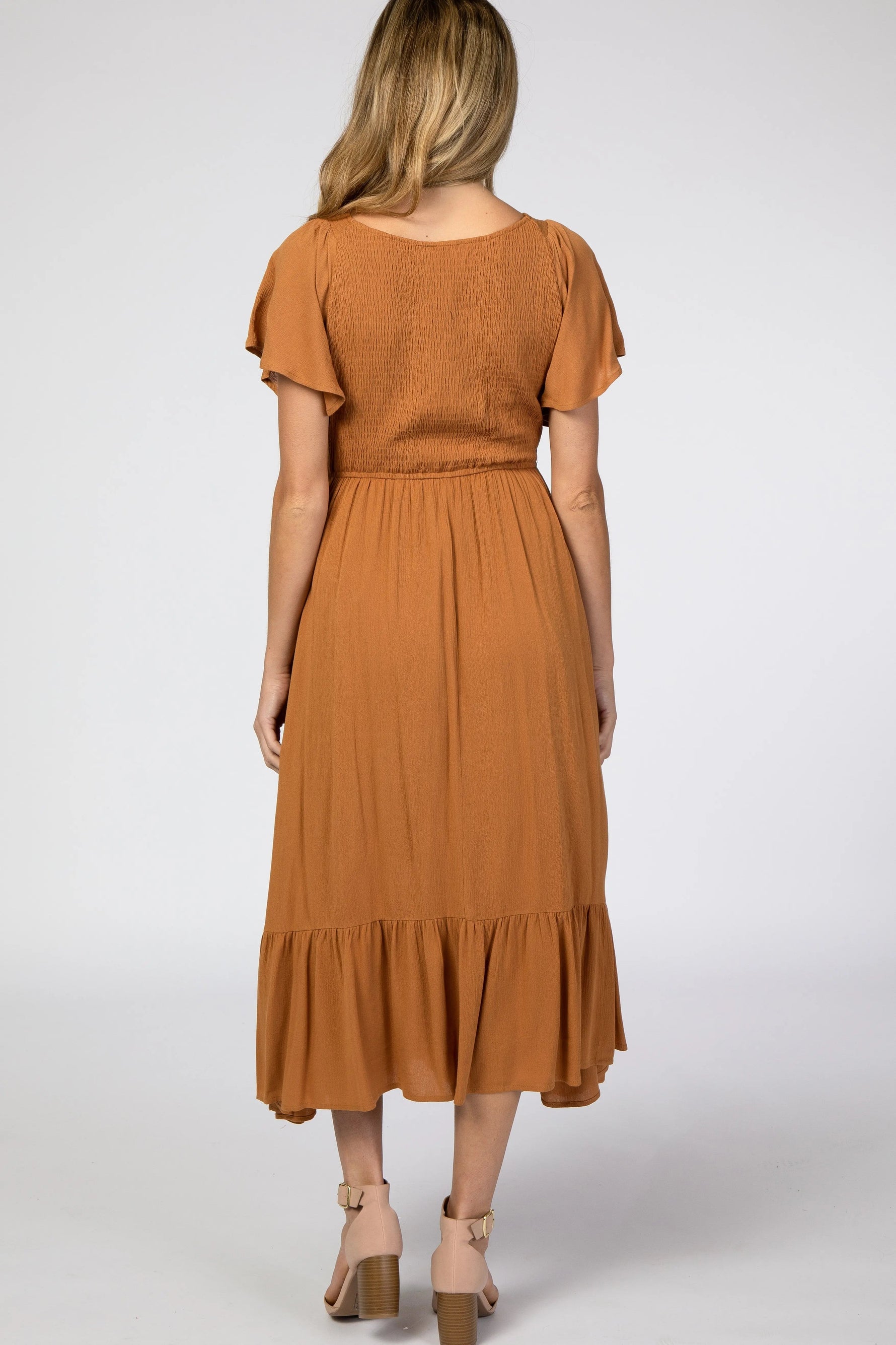 PinkBlush Camel Smocked V - Neck Maternity Midi Dress - 