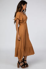 PinkBlush Camel Smocked V - Neck Midi Dress - 