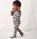 Baby footie pajamas in green and brown camouflage print with full-length zipper and covered feet