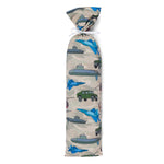 Camo-print baby swaddle blanket spread out to show its allover camouflage pattern