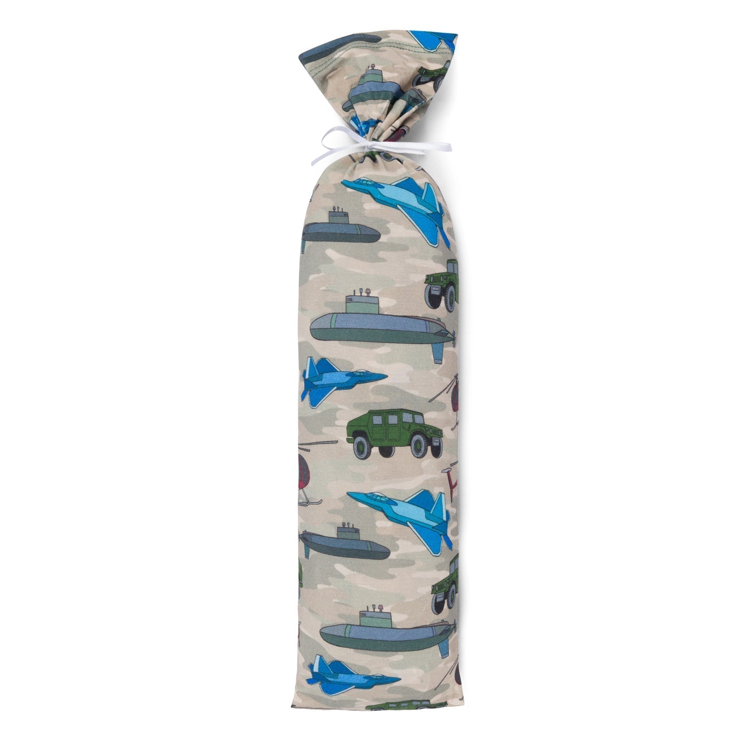 Camo-print baby swaddle blanket spread out to show its allover camouflage pattern