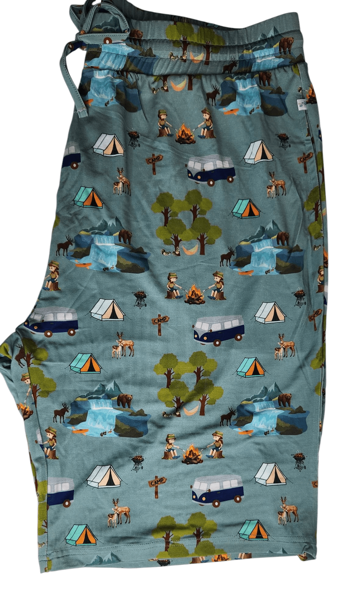 Men's pull-on shorts with elastic drawstring waistband and side pockets in the Camp Cozy print