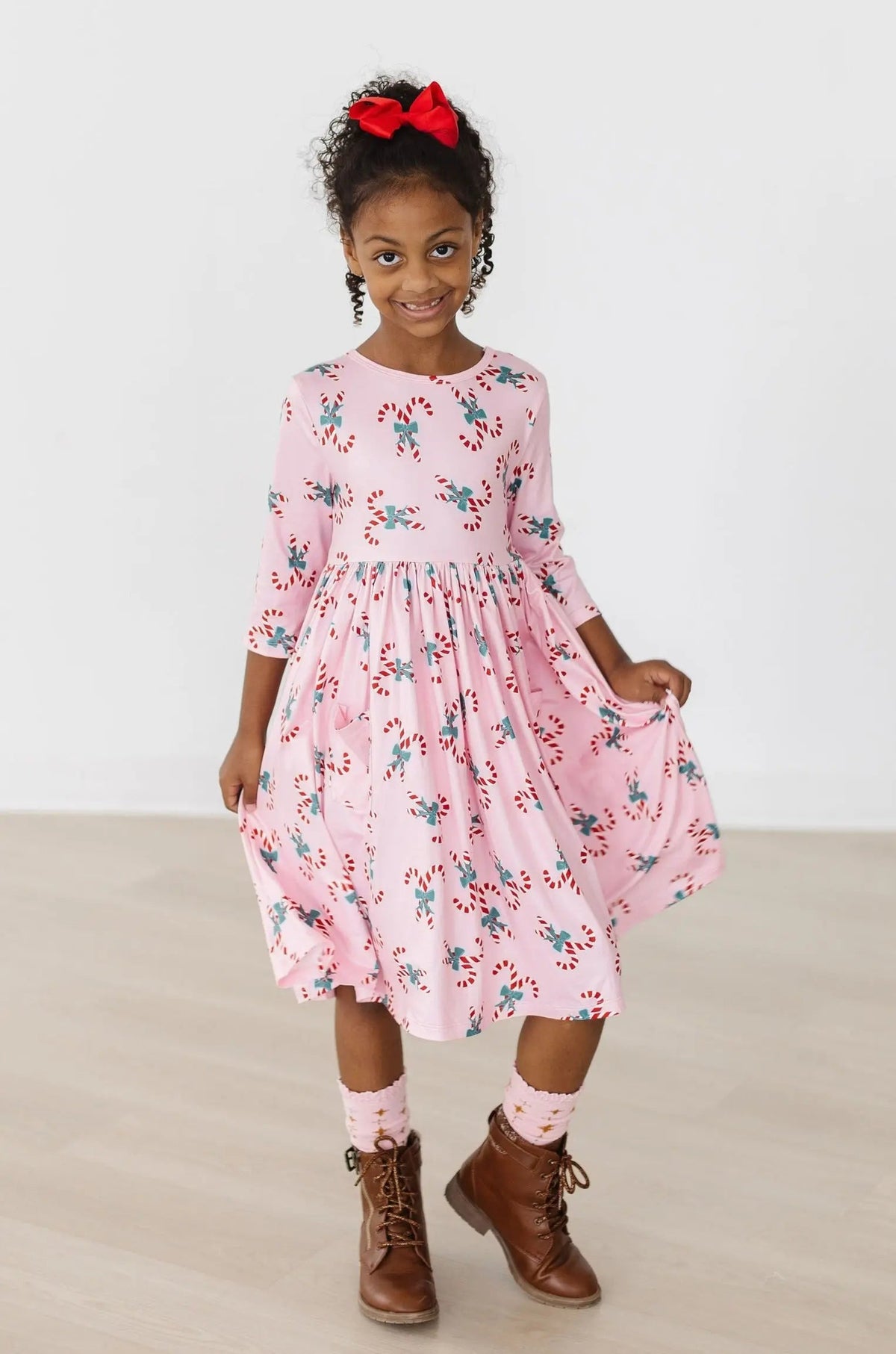Mila & Rose ® Candy Cane Cutie 3/4 Sleeve Pocket Twirl Dress - 