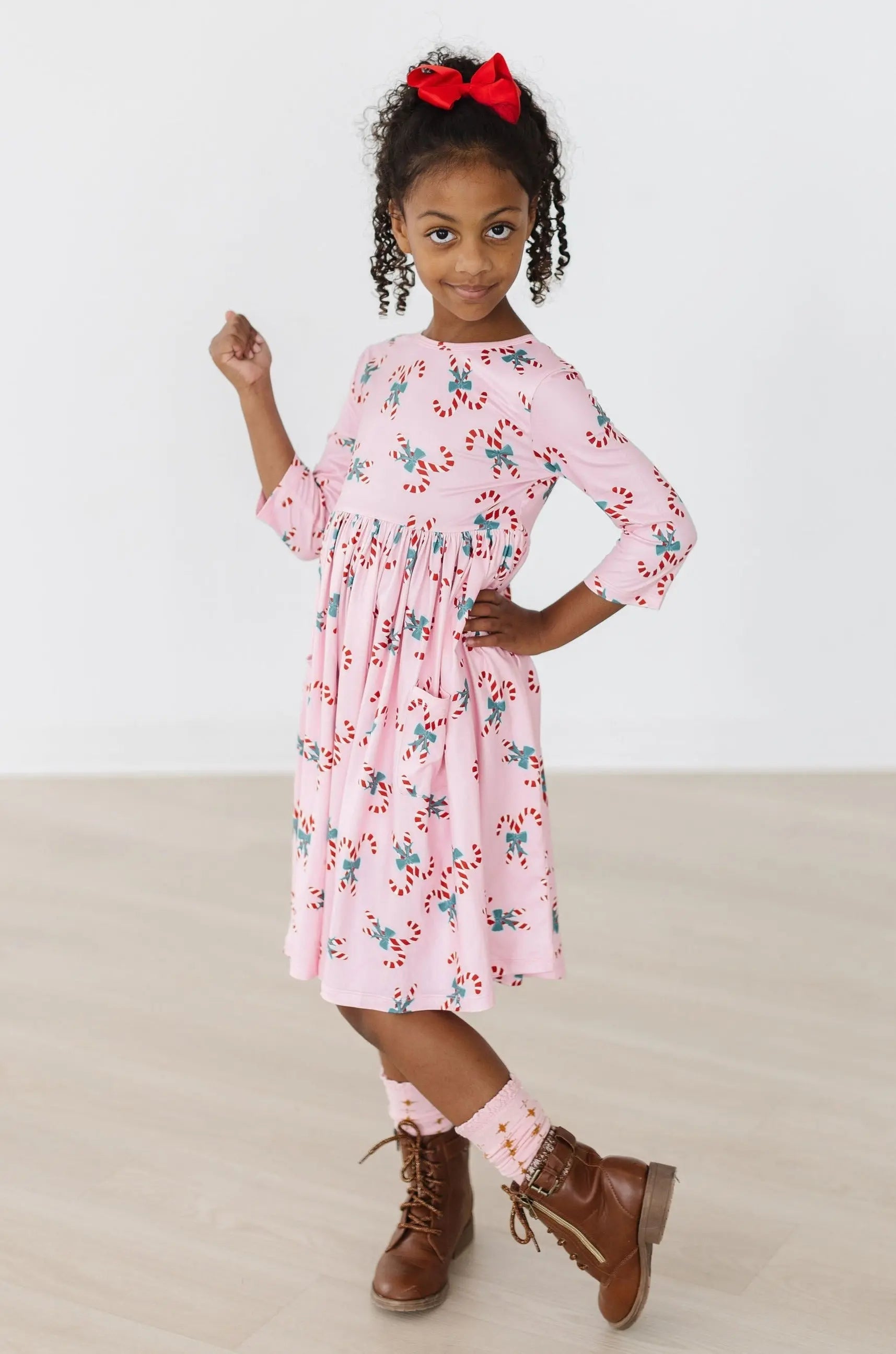Mila & Rose ® Candy Cane Cutie 3/4 Sleeve Pocket Twirl Dress - 