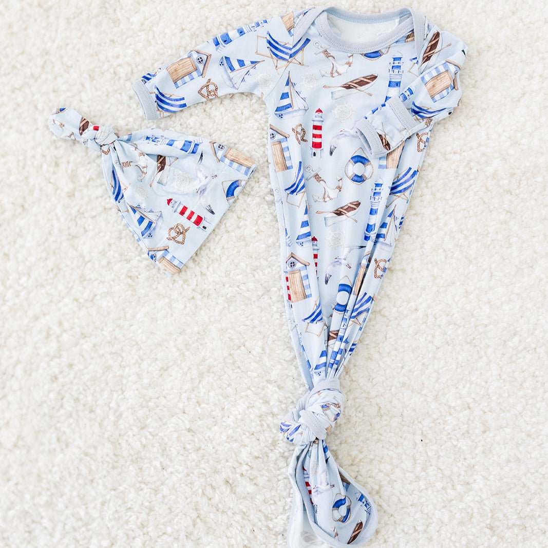 Cape Cod baby knot gown with matching hat and fold-over mittens